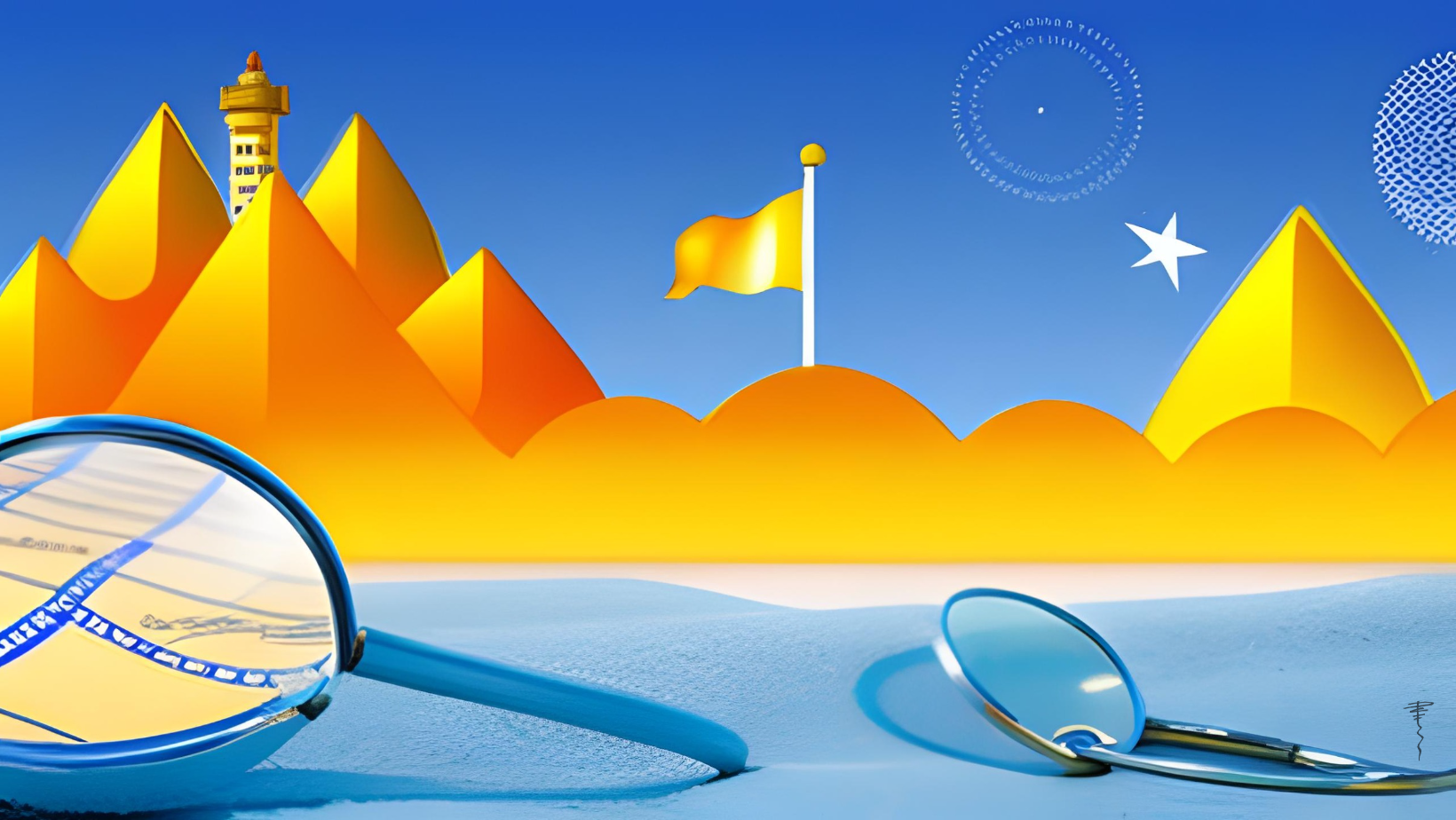 Treasure map illustrating SEO concepts with a sandcastle symbolizing quality content, magnifying glass for keyword research, and bridges as internal and external links on a blue gradient background.