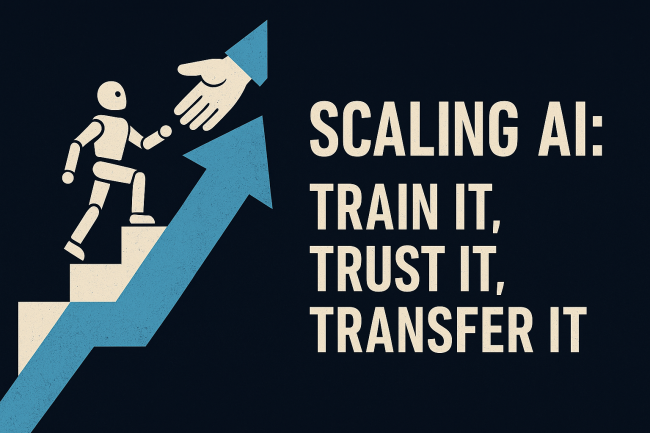 Scaling AI digital illustration showing train it, trust it, transfer it.