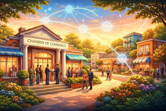AI-powered member engagement for chambers of commerce illustrated through connected local businesses and community collaboration