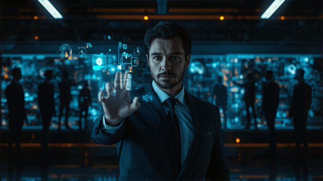 Team-oriented high-tech boardroom scene representing AI capability spreading beyond a single champion.