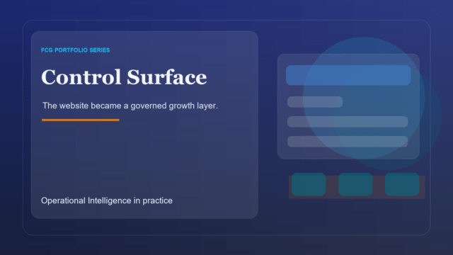 Abstract website control surface image with a clean interface card and governed growth modules.