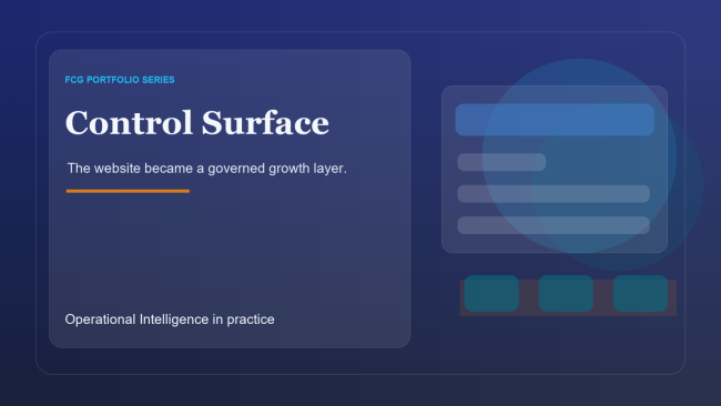 Abstract website control surface image with a clean interface card and governed growth modules.
