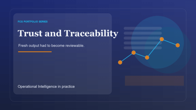 Abstract traceability visual with connected nodes and review rails in FCG brand colors.