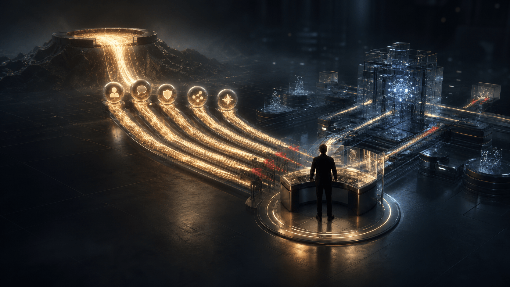 Luminous upstream workflow streams pass through a human review checkpoint before reaching an AI-assisted business system.