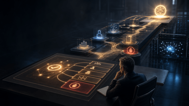 A human decision owner reviews an AI workflow measurement path connecting baseline, evidence, stop condition, and business outcome.