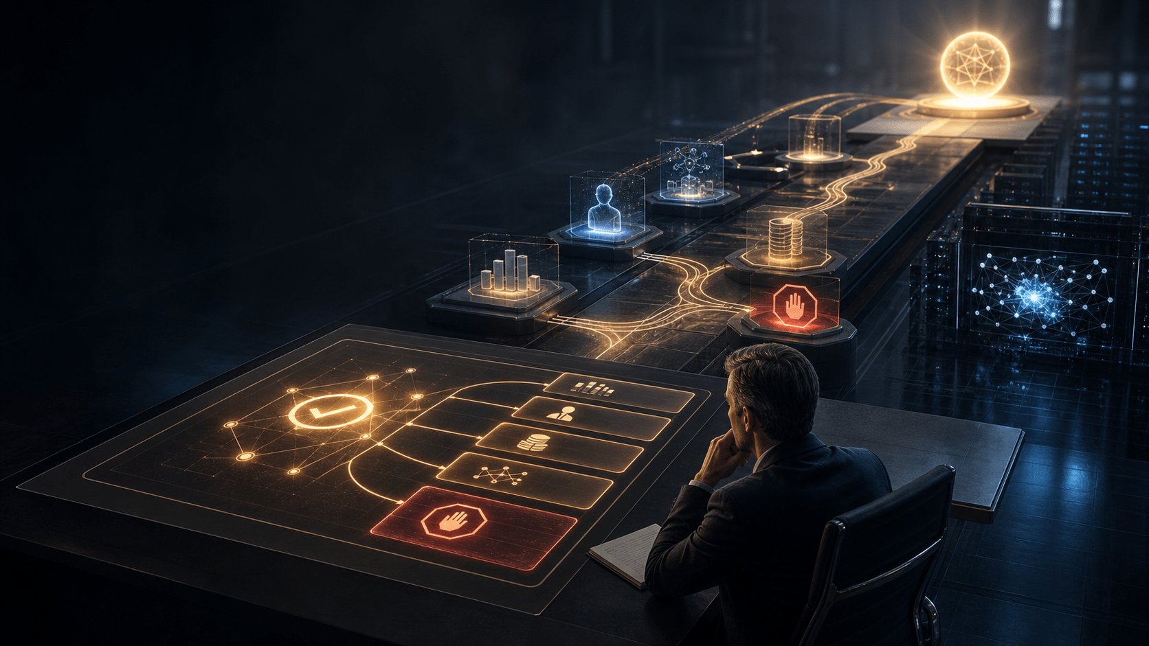 A human decision owner reviews an AI workflow measurement path connecting baseline, evidence, stop condition, and business outcome.