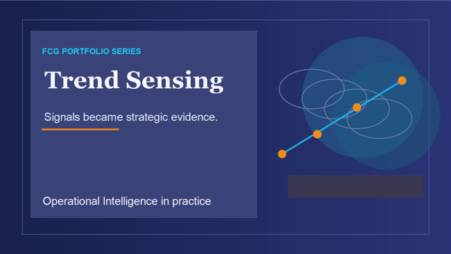 Abstract portfolio image showing trend signals becoming strategic evidence.