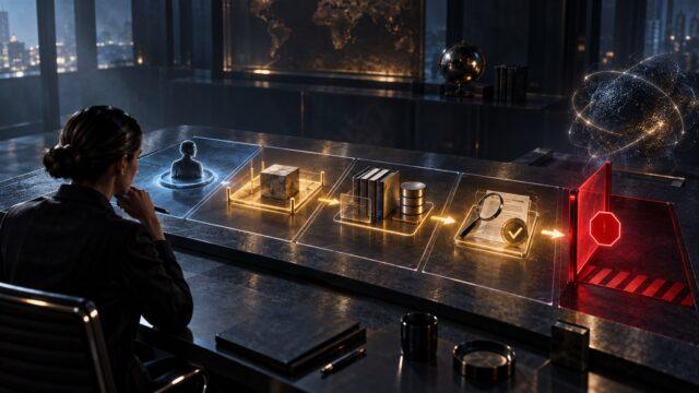 A leader reviews an illuminated AI assistant workflow canvas connecting a bounded task, approved sources, visible evidence, and a red stop gate.