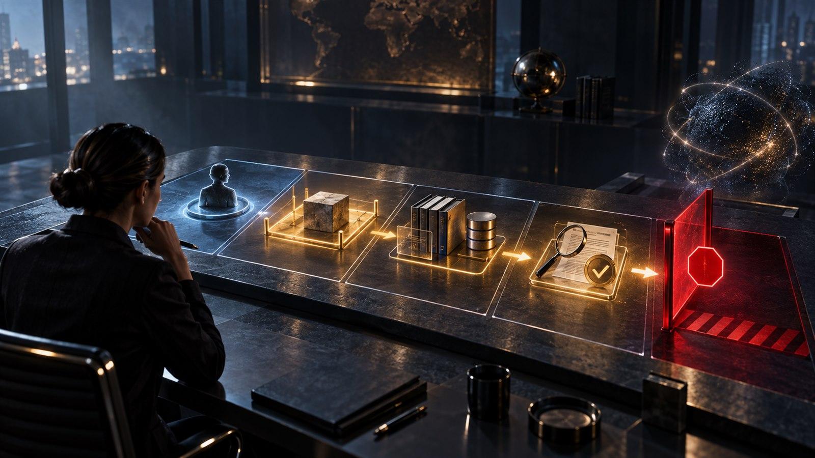 A leader reviews an illuminated AI assistant workflow canvas connecting a bounded task, approved sources, visible evidence, and a red stop gate.