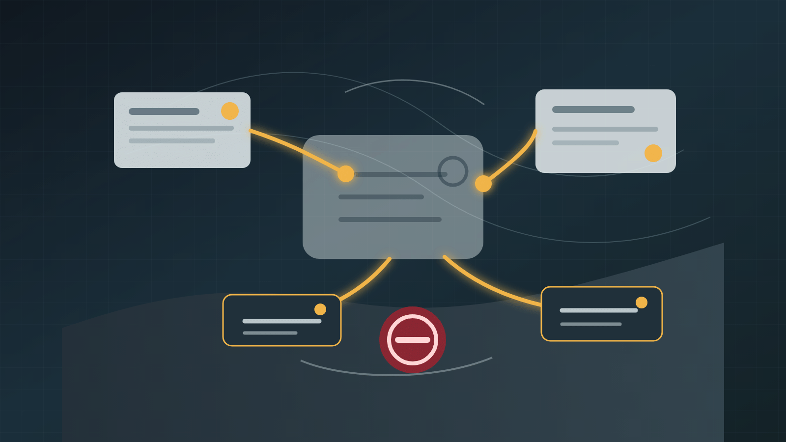 A nearly transparent AI workflow leaves bright proof trails between source cards, review checkpoints, and a human stop control.